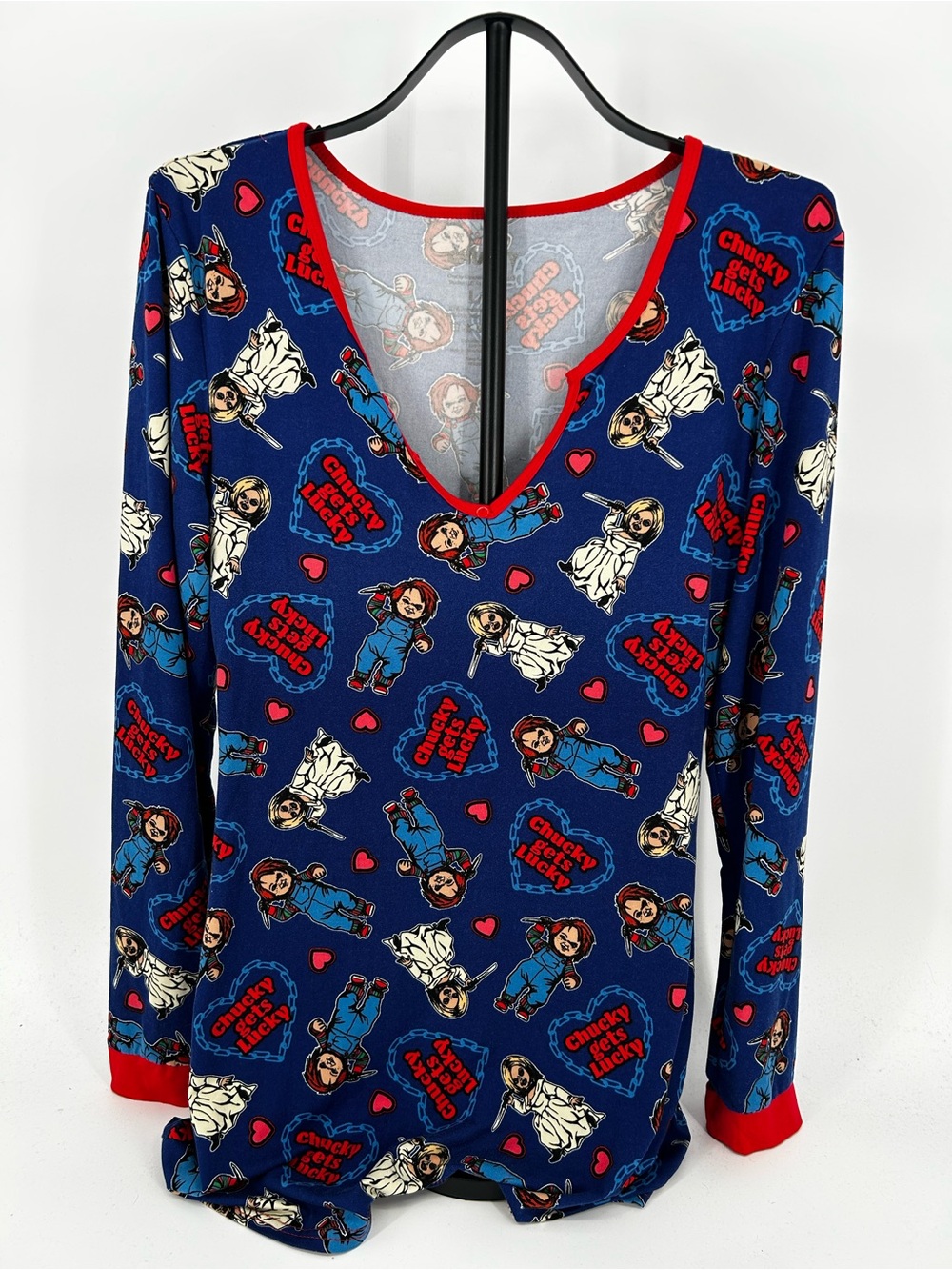 Women's Long-Sleeve V-Neck Pajama One Piece Shorts in Navy with Red Trim Size L